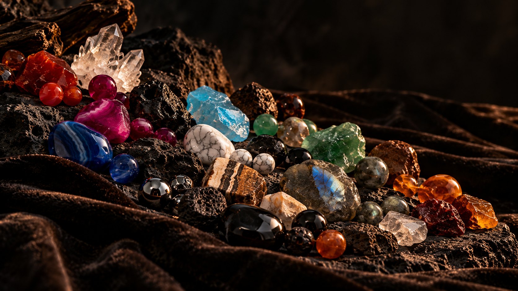 Pietre grezze e perle su roccia lavica e velluto scuro: agate, cristallo, howlite, labradorite, lava.